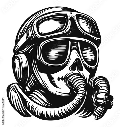 Vintage Engraving of a Skull in Pilot Gear with Goggles and Breathing Tube