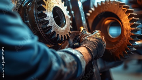 Heavy machinery technician lubricating gears inside a massive industrial engine. Featuring maintenance and expertise