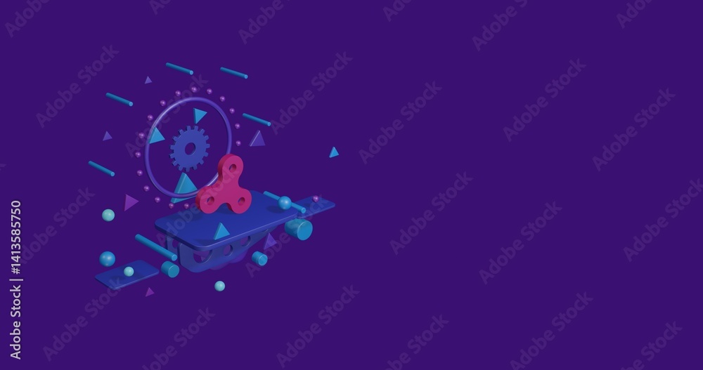Pink spinner symbol on a pedestal of abstract geometric shapes floating in the air. Abstract concept art with flying shapes on the left. 3d illustration on deep purple background Pink spinner symbol on a pedestal of abstract geometric shapes floating in the air. Abstract concept art with flying shapes on the left. 3d illustration on deep purple background