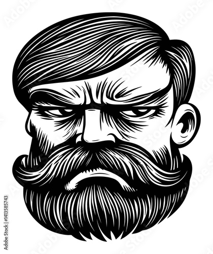 Bold Woodcut Portrait of a Serious Man with a Thick Mustache