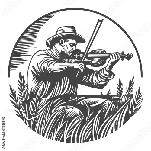 Detailed Engraving of a Man Playing Violin in a Pastoral Setting