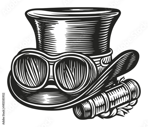 Vintage Steampunk Hat and Goggles Woodcut Illustration Artwork