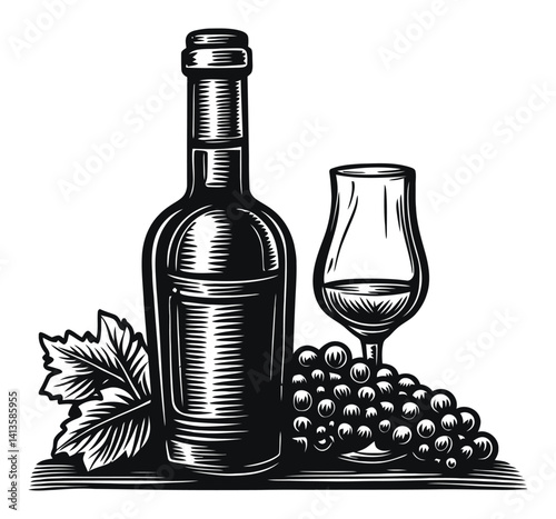 Woodcut Style Artwork of Wine Bottle, Glass, and Grapes Arrangement
