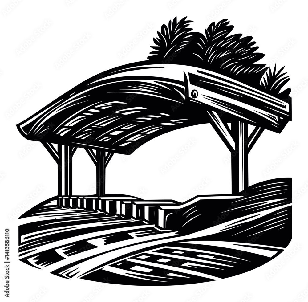 Naklejka premium Detailed Woodcut Design of a Rustic Covered Bridge Scene