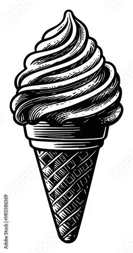 Classic Woodcut Style Ice Cream Cone in Black and White Design