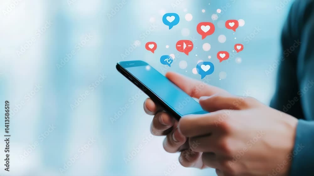 Hands Using Smartphone with Social Media Icons and Symbols Hands Using Smartphone with Social Media Icons and Symbols