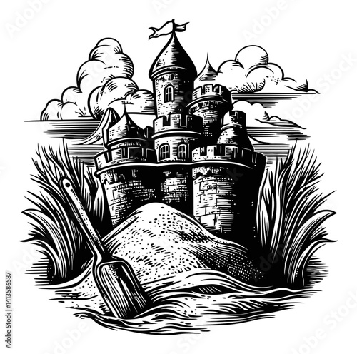 Detailed Black and White Woodcut Illustration of a Sand Castle