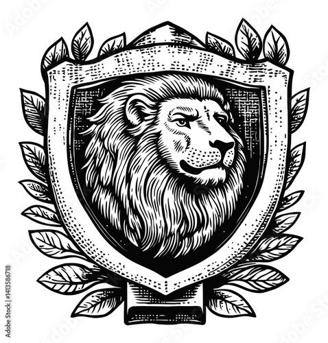 Handcrafted Woodcut Style Lion Emblem with Leaves and Shield Design