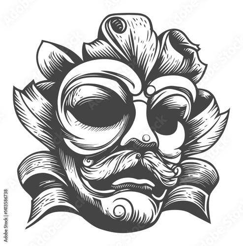 Detailed Engraving of a Classic Mask with Intricate Floral Designs