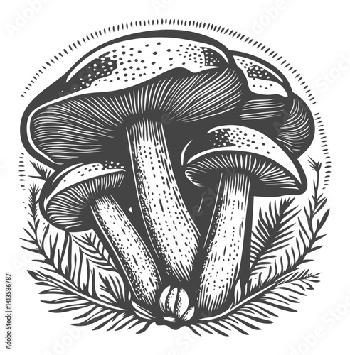 Detailed Black and White Engraving of Mushrooms and Foliage