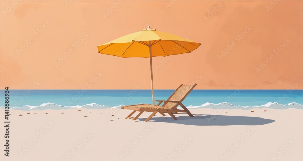 A vibrant beach scene, sunshine creates shadows, with a yellow umbrella offering shade over a chair. The clear water meets the beach and warm, inviting colors create a sense of tranquility. The image A vibrant beach scene, sunshine creates shadows, with a yellow umbrella offering shade over a chair. The clear water meets the beach and warm, inviting colors create a sense of tranquility. The image
