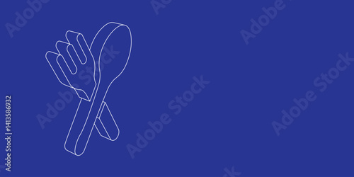 The outline of a large dinner time symbol made of white lines on the left. 3D view of the object in perspective. Vector illustration on indigo background
