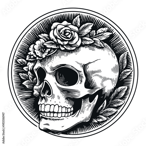 Intricate Woodcut Style Skull with Flowers and Leaves Design