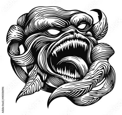 Intricate Woodcut Style Illustration of a Ferocious Creature Head