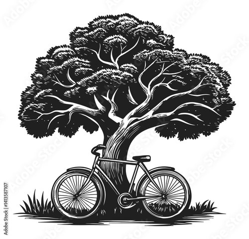 Vintage Woodcut Style Bicycle Beside Majestic Tree Illustration