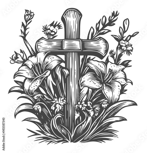 Detailed Engraving of Cross Surrounded by Flowers and Foliage