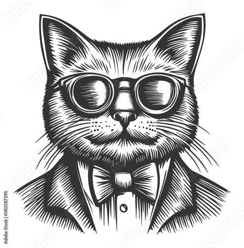 Classy Cat Illustration with Sunglasses and Bow Tie in Woodcut Style