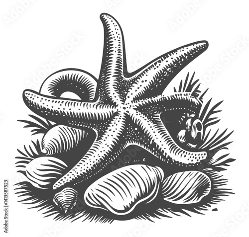 Detailed Engraving of a Starfish Surrounded by Sea Shells and Grass