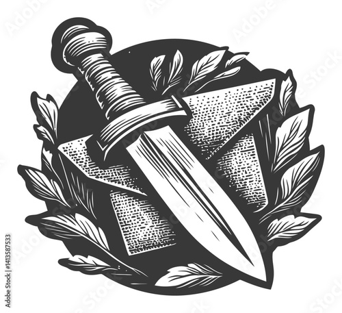 Vintage Engraving of Dagger Surrounded by Laurel Leaves Design