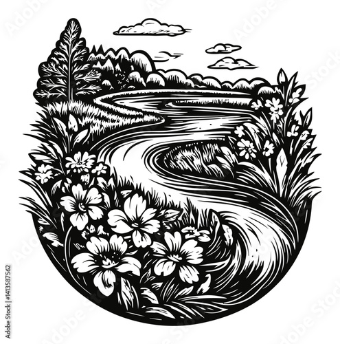 Black and White Woodcut Style Landscape with Flowers and River