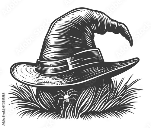 Engraved Halloween Witch Hat with Spider on Grass Background