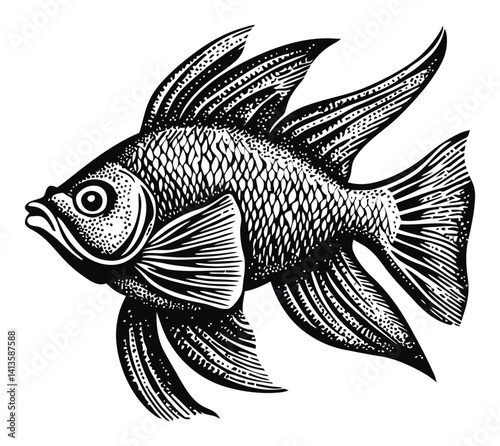 Detailed Woodcut Illustration of an Ornate Fish Design