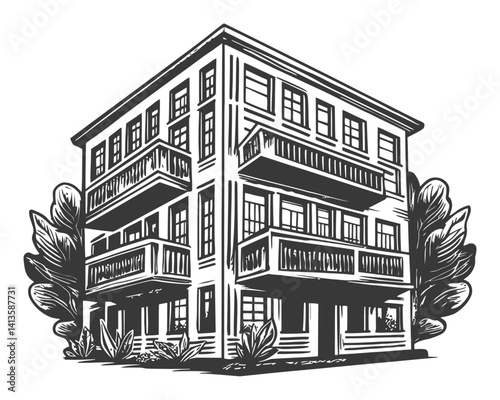 Detailed Engraving of a Classic Building Surrounded by Foliage
