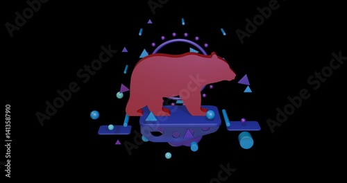 Red bear symbol on a pedestal of abstract geometric shapes floating in the air. Abstract concept art with flying shapes in the center. 3d illustration on black background