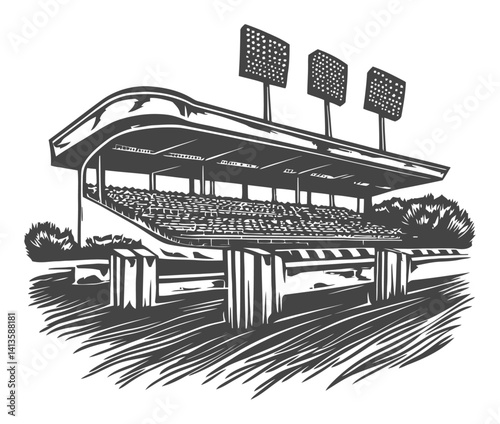 Detailed Engraving of Modern Sports Stadium with Floodlights
