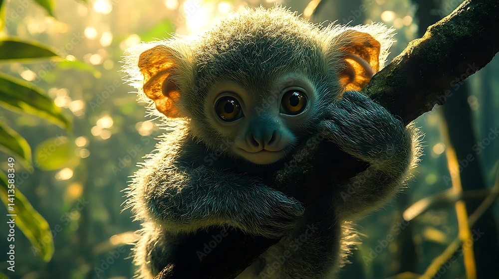Fototapeta premium Adorable baby primate clinging to branch in lush forest