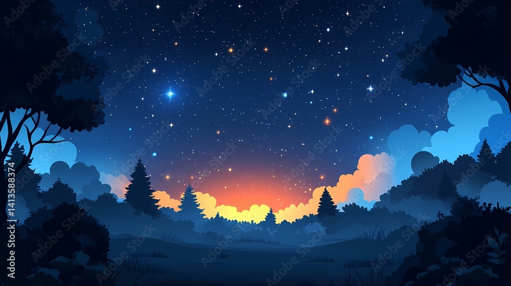 Naklejka premium Starry Night Sky: Digital Art of a Serene Forest Silhouette and Cosmic Backdrop