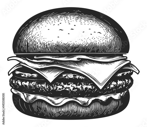 Vintage Engraving of a Classic Hamburger with Cheese and Lettuce