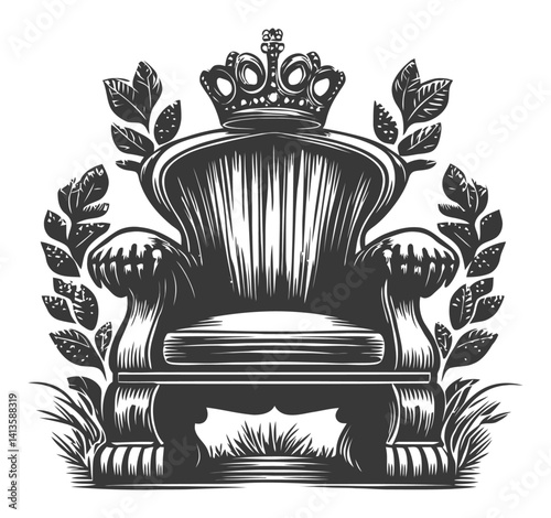 Royal Emblem Engraving of a Throne Surrounded by Nature Elements