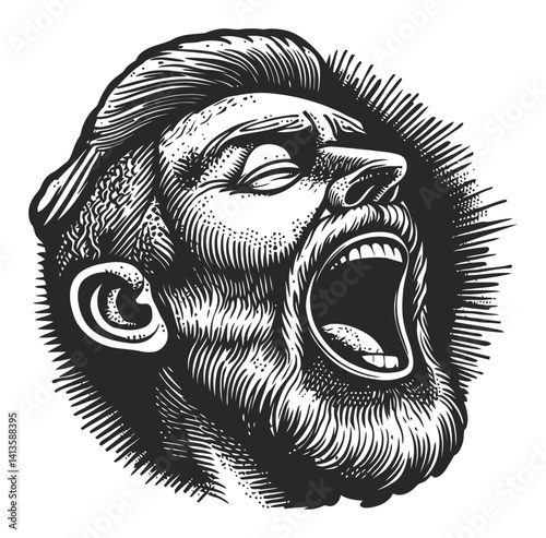Detailed Black and White Engraving of a Man Yelling with Emotion
