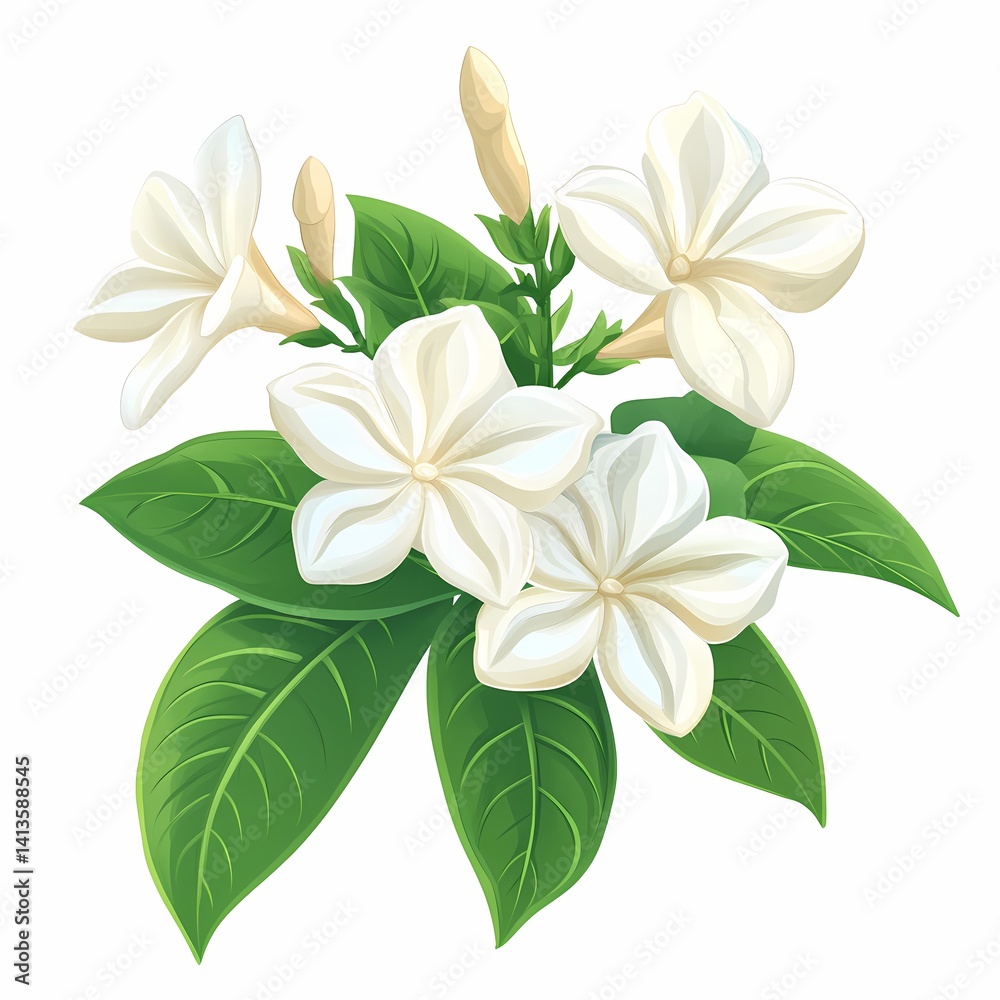 Fototapeta premium Elegant White Jasmine Blossom Illustration: Vibrant Floral Design & Elegant Botanical Artwork