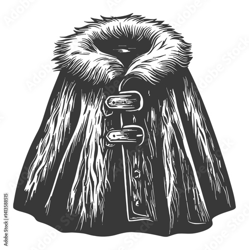 Vintage Engraving of a Cloak with Fur Collar and Buckles