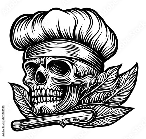 Skull Chef with Cooking Hat and Leaf Design in Woodcut Style