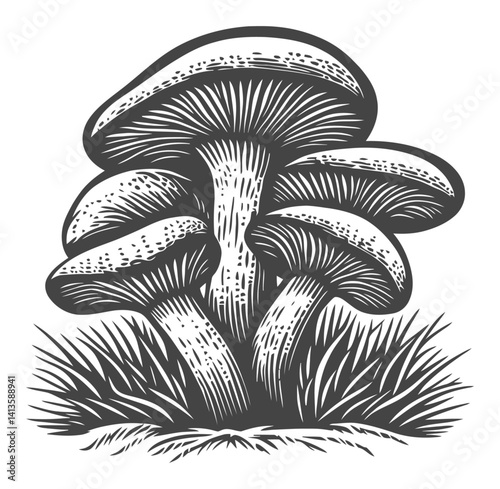 Detailed Black and White Engraving of Mushrooms with Grass Background