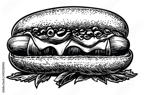 Engraving of a Delicious Hot Dog with Toppings and Leafy Garnish