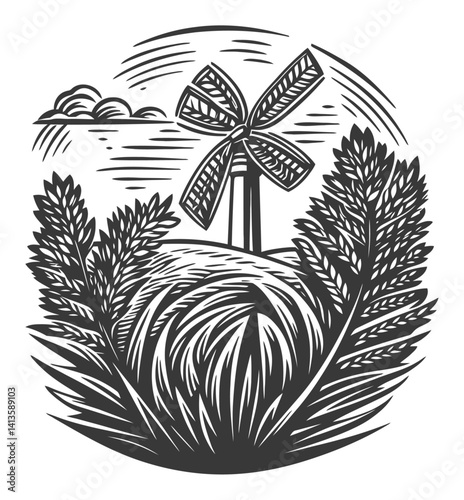 Wallpaper Mural Engraved Windmill Surrounded by Stylized Plants and Clouds Torontodigital.ca