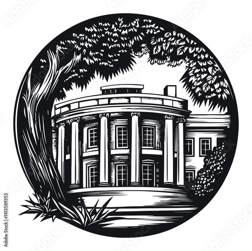 Woodcut Style Illustration of Historical Building Surrounded by Trees