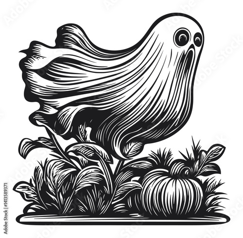 Whimsical Ghost Character Among Vegetation in Woodcut Style