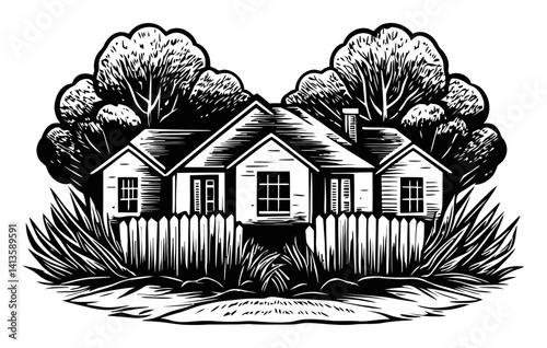 Artistic Woodcut Style House Surrounded by Trees and Foliage