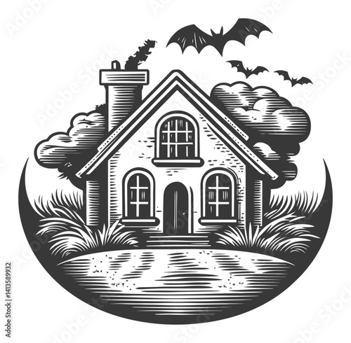 Vintage Engraving of Haunted House with Bats and Spooky Landscape