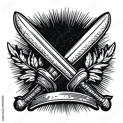 Vintage Engraving of Crossed Swords with Laurel Leaves Design