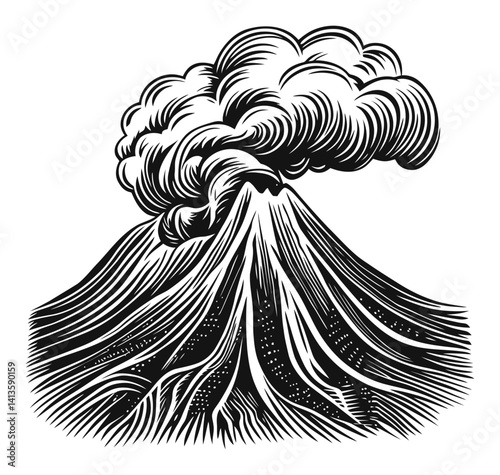 Detailed Engraving of Erupting Volcano with Dramatic Clouds