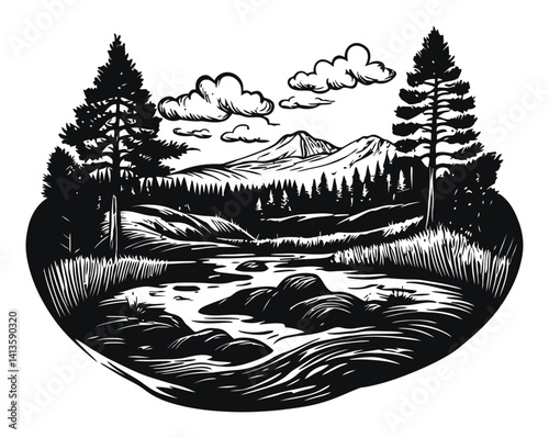 Serene Woodcut Landscape with Mountains, River, and Trees