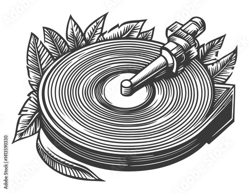 Vintage Engraving of a Turntable with Leaves and Decorative Elements