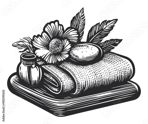Vintage Engraving of Spa Elements with Flowers and Leaves