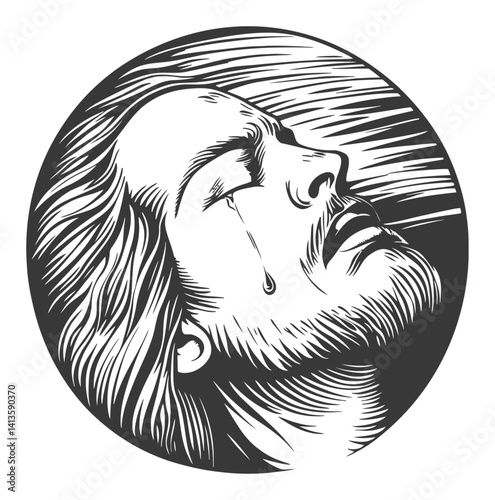 Emotional Engraving of a Man with a Tear in Circular Frame